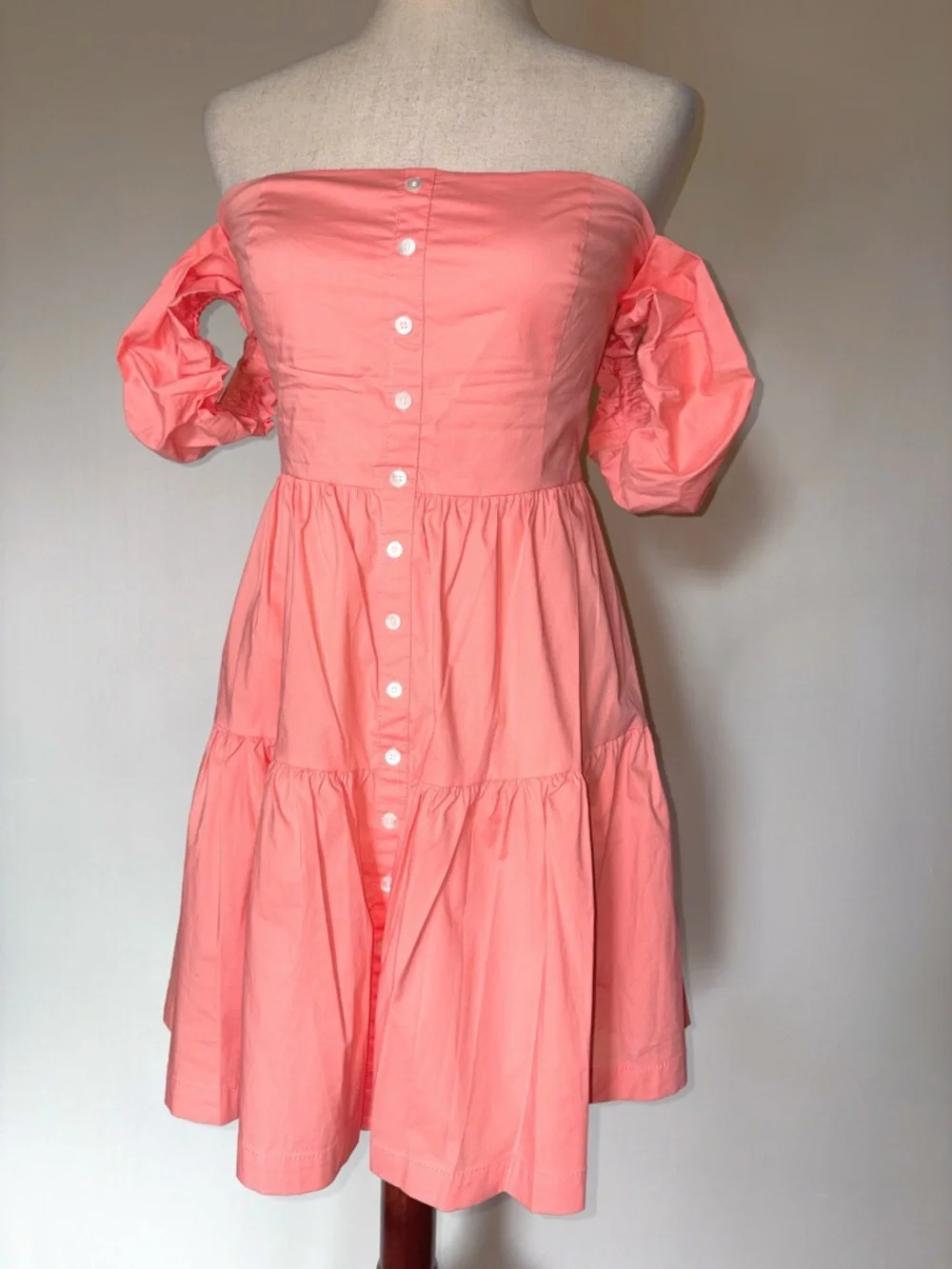 STAUD Elio Off-Shoulder Button Front Mini Dress in Pink Grapefruit Size 12 - Picture 2 of 9